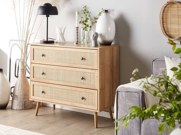 Kommode Lyst Fyrretræ og Rattan 90 x 40 x 79 cm Dekorativ Skænk med 3 Skuffer Fransk Flet til Entré Stue Opbevaring Værelse Tilbehør