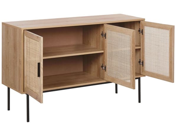 Sivupöytä vaalea puu 76 x 120 x 40 cm metalliset jalat 3-ovinen rottinkinen boho-tyyli