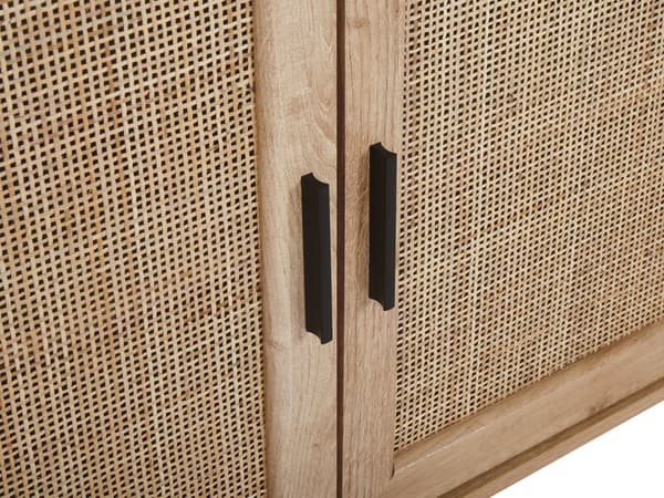 Sivupöytä vaalea puu 76 x 120 x 40 cm metalliset jalat 3-ovinen rottinkinen boho-tyyli