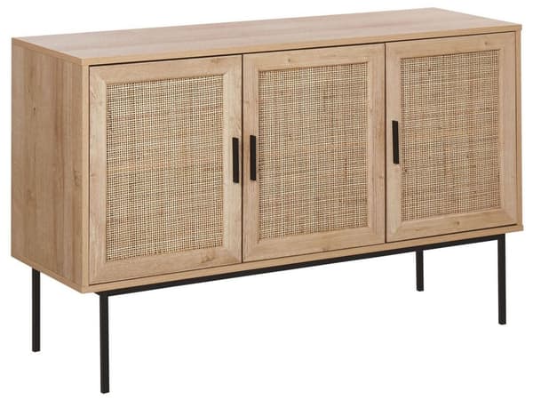 Sivupöytä vaalea puu 76 x 120 x 40 cm metalliset jalat 3-ovinen rottinkinen boho-tyyli