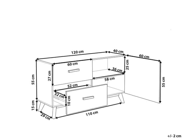 Kommode Hvid og Lyst Træ 120 x 40 x 70 cm Skænk Opbevaringsplads Skuffer Skab Koniske Ben til Stue Entré Soveværelse Tilbehør Dekoration