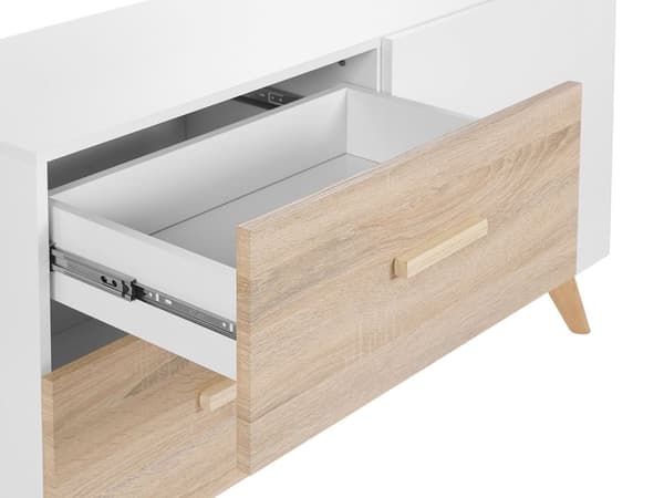 Kommode Hvid og Lyst Træ 120 x 40 x 70 cm Skænk Opbevaringsplads Skuffer Skab Koniske Ben til Stue Entré Soveværelse Tilbehør Dekoration