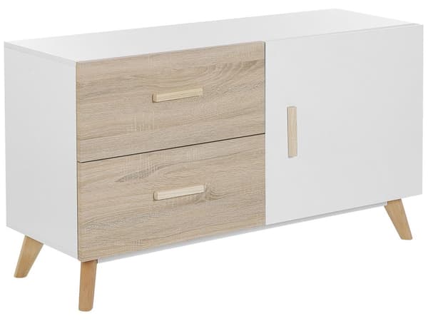Kommode Hvid og Lyst Træ 120 x 40 x 70 cm Skænk Opbevaringsplads Skuffer Skab Koniske Ben til Stue Entré Soveværelse Tilbehør Dekoration