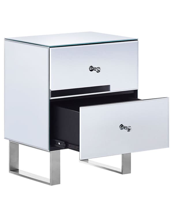 Sängbord 2 Lådor Silver Spegelglas Glam