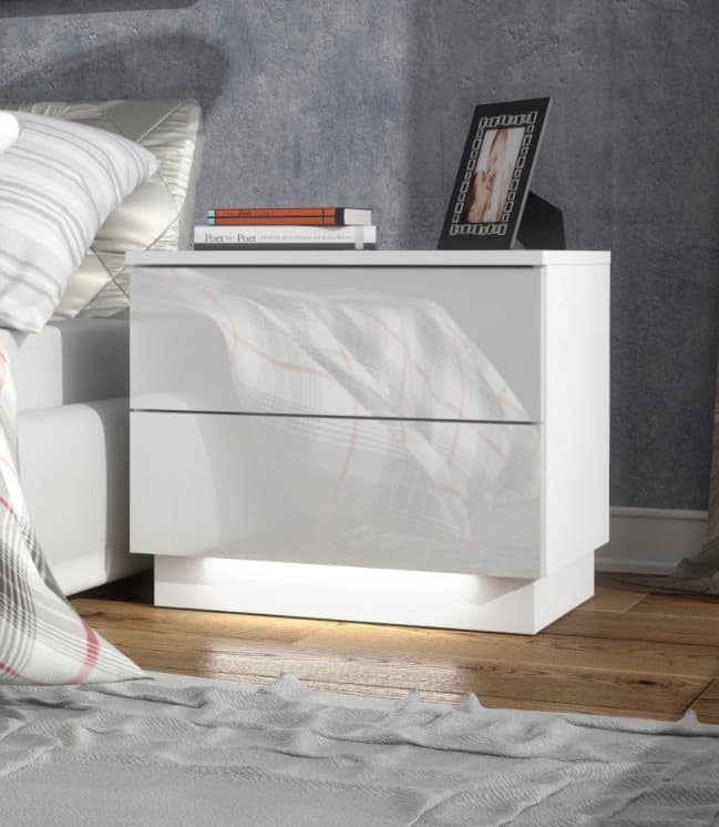 3xEliving sängbord i matt vit med två blanka lådor och LED-belysning, 55 / 39 / 47,5