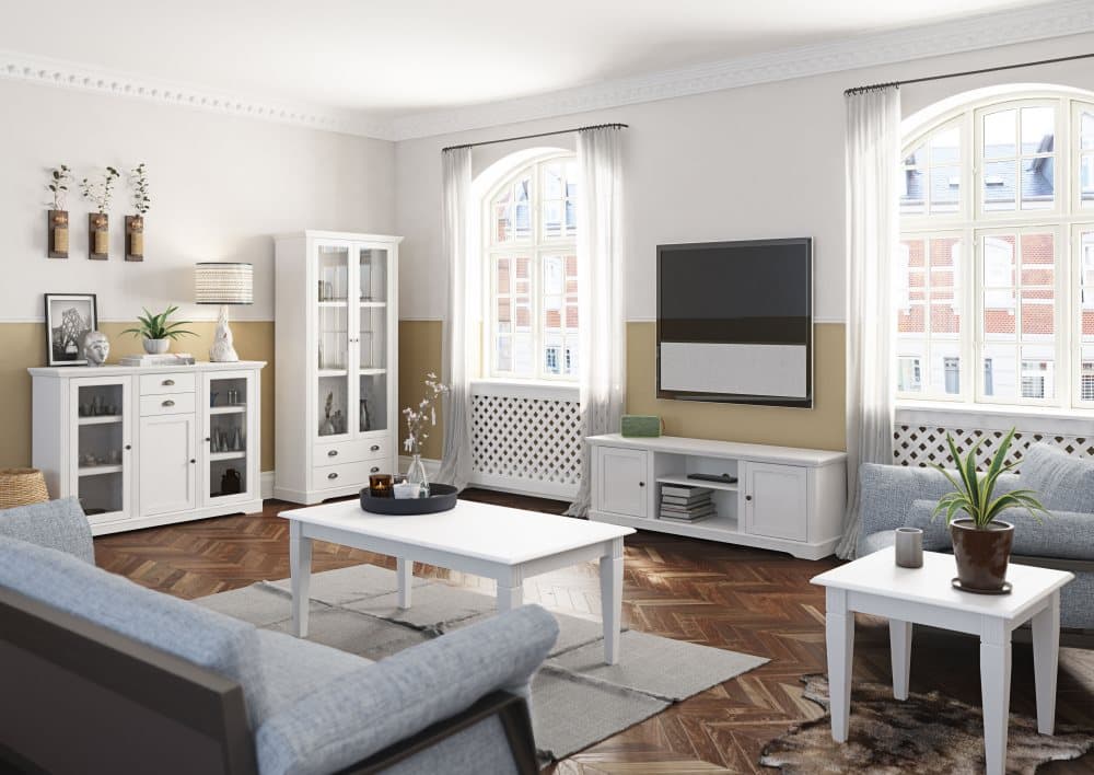 Venny skänk 2 glasdörrar, 1 trädörr och 2 lådor, vitlackerad.