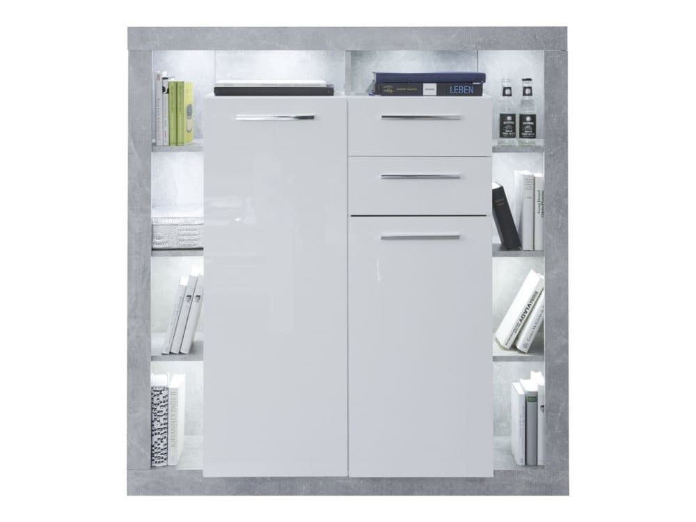 Rominia skänk 2 dörrar, 2 lådor och 8 hyllor, betongmönstrad, vit, vit högglans.