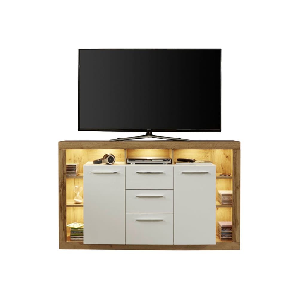 Rominia skänk 2 dörrar, 2 lådor, 7 hyllor och 1 klaffdörr, ekmönstrad, vit, vit högglans.