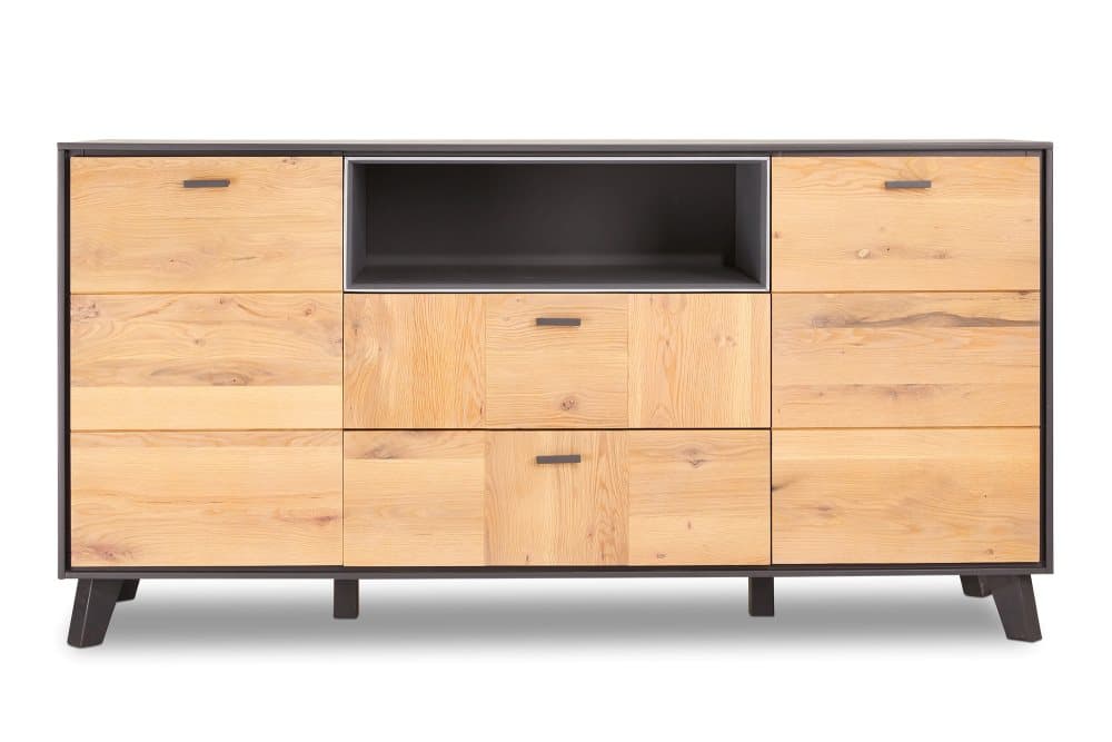 Seth skänk 2 dörrar, 2 lådor, 1 öppet fack grå, ek.