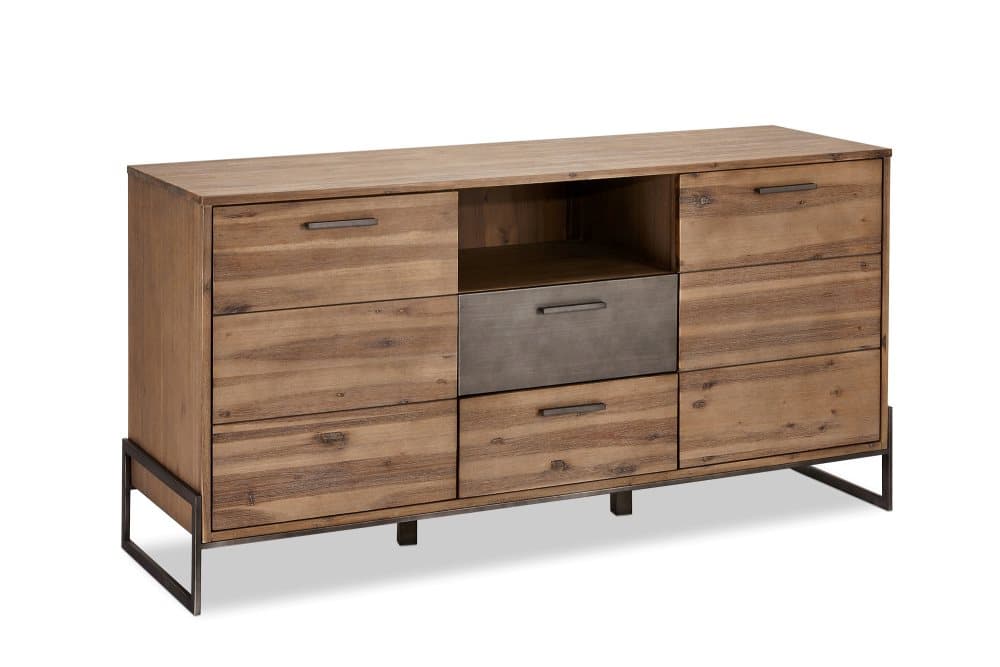 Maro skänk 2 dörrar, 2 lådor, 1 öppet fack akacia, grå metall.