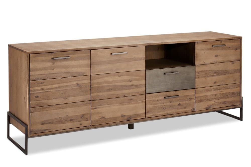 Maro skänk 3 dörrar, 2 lådor, 1 öppet fack akacia, grå metall.