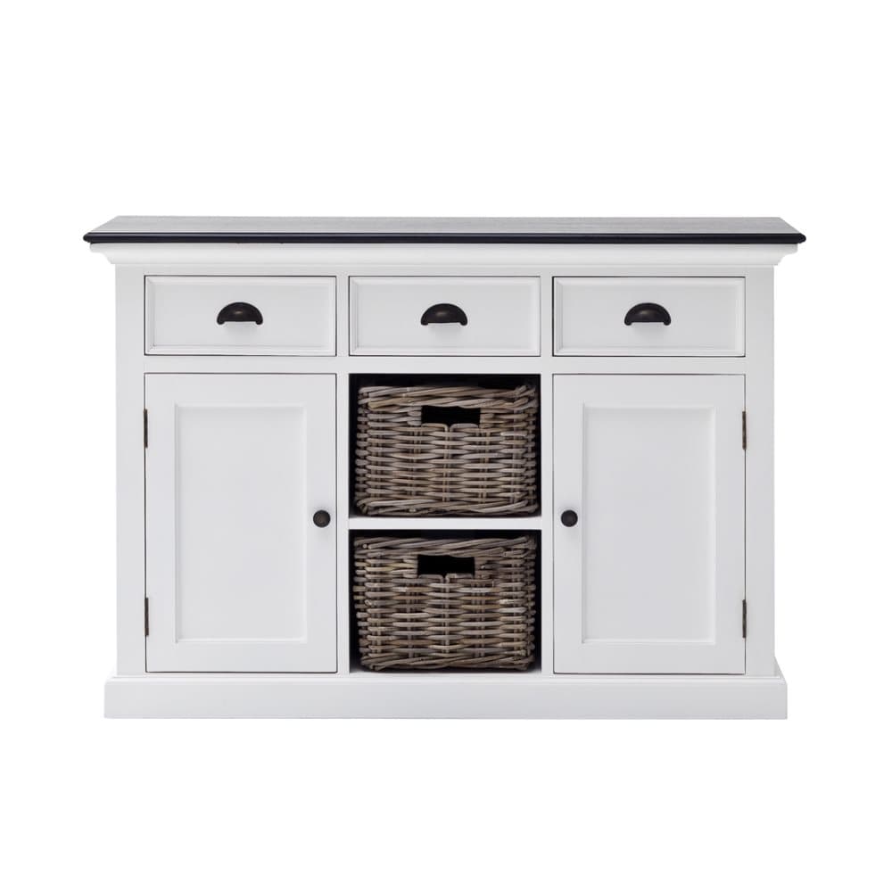 HalifaxContrast skänk med 2 dörrar, 2 korglådor och 3 lådor, vit med svart topp.