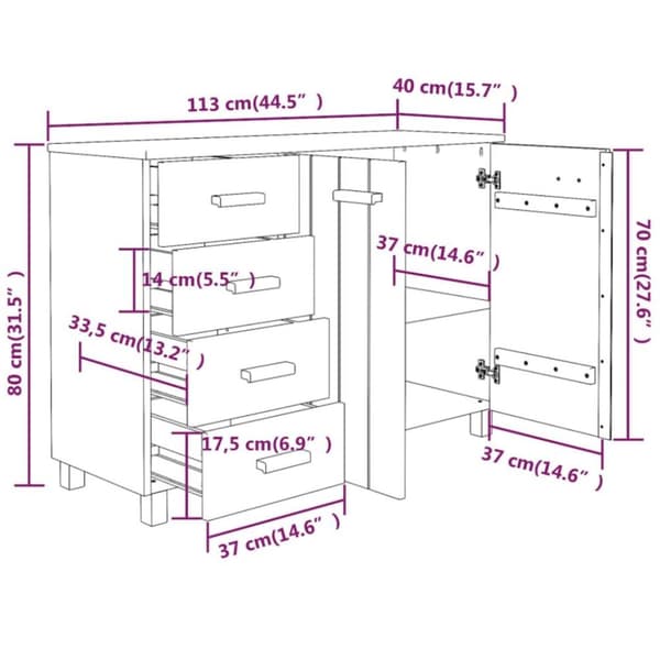 vidaXL skænk HAMAR 113x40x80 cm massivt fyrretræ mørkegrå