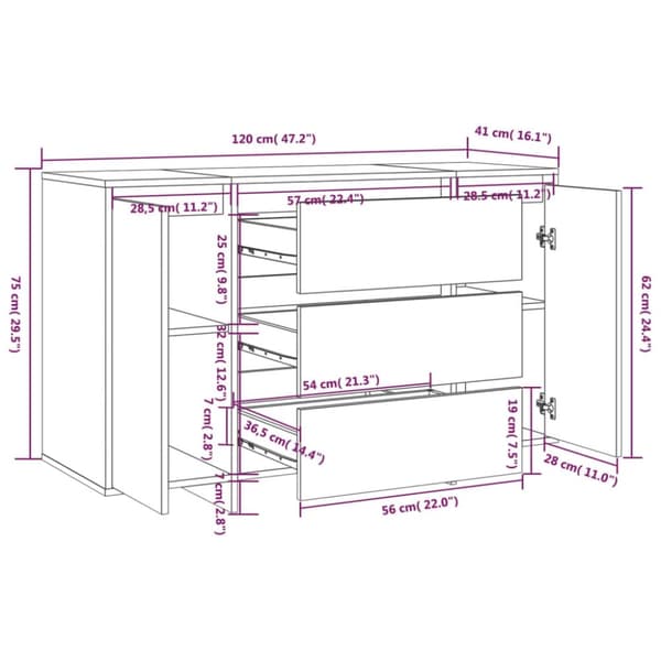 vidaXL skænk med 3 skuffer 120x41x75 cm spånplade sonoma-eg