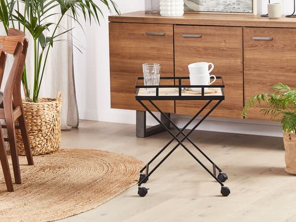 Köksvagn Svart Metall 56 cm Konstruktion Ljus Trätopp Hjul Industriell Rustik Modern