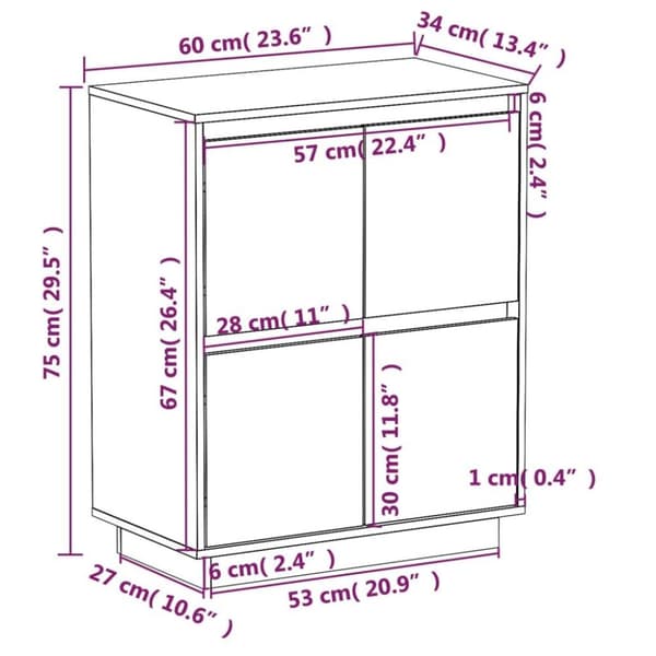 vidaXL Skjenk honningbrun 60x34x75 cm heltre furu