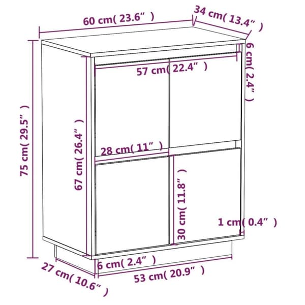 vidaXL Skjenk hvit 60x34x75 cm heltre furu