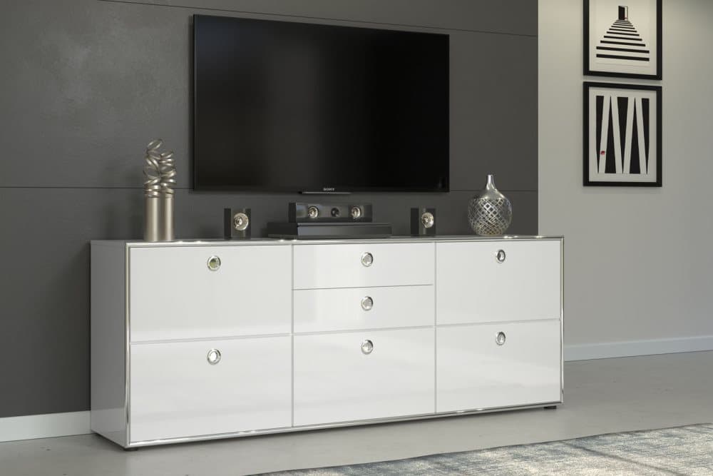 Infinity skänk 2 lådor, 5 dörrar vit högglans, krom.