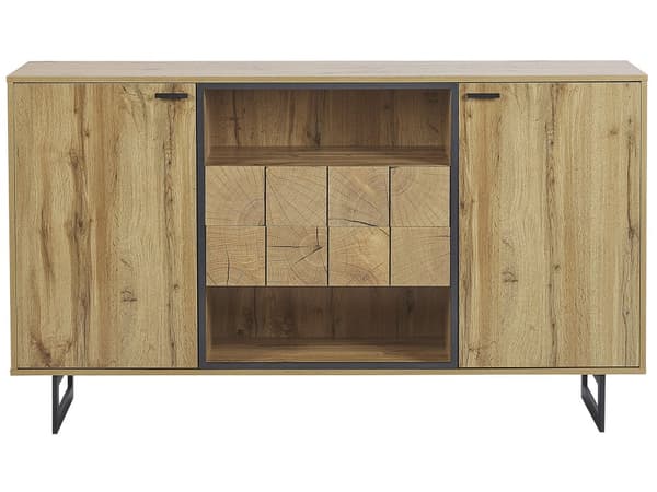 Kommode Lyst Træ MDF og Sort Metalben 158 x 89 x 40 cm Opbevaring Låger Skuffer Hylder Stuemøbel Indretning Tilbehør