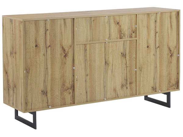 Kommode Lyst Træ MDF og Sort Metalben 158 x 89 x 40 cm Opbevaring Låger Skuffer Hylder Stuemøbel Indretning Tilbehør