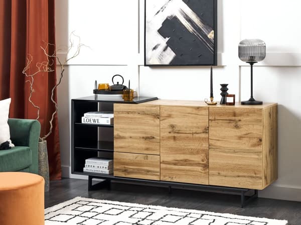 Senkki vaalea puu/musta 160 x 75 x 40 cm MDF teräs 3 laatikkoa 3 hyllyä kaappi