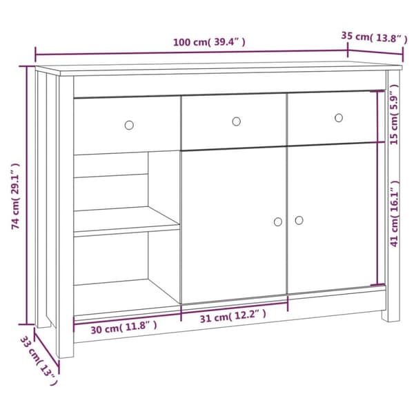 vidaXL Skjenk hvit 100x35x74 cm heltre furu