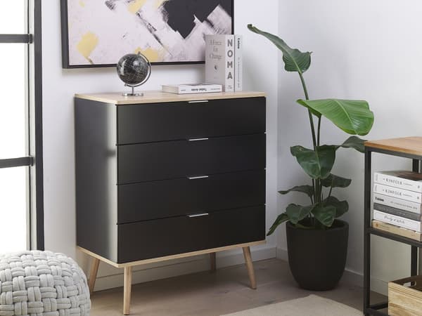 Kommode Svart Skjenk med 4 Skuffer 93 x 79 cm Stue Soverom Gang Oppbevaringsskap Skandinavisk Stil