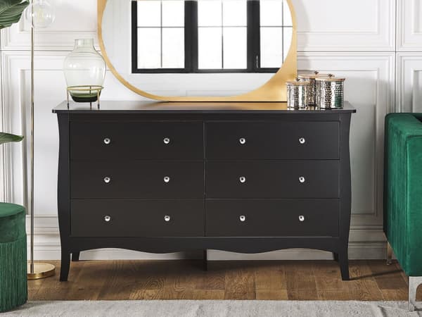 Kommode Svart Skjenk med 6 Skuffer 75 x 130 cm Stue Soverom Gang Oppbevaring Moderne fransk stil