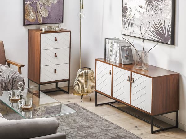 Kommode Mørkt tre med hvite metallben Oppbevaringsskap Kommode 91 x 49 cm Moderne Tradisjonell Stue Møbler