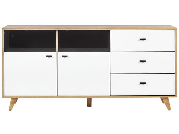 Skjenk Lyst Tre Hvit Konstruert Treverk Ben Heltre 3 Skuffer 2 Åpne Hyller 2 Skap Minimalistisk Design Kommode Oppbevaring