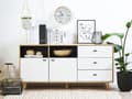 Miniatyrbilde 2 av 8: Skjenk Lyst Tre Hvit Konstruert Treverk Ben Heltre 3 Skuffer 2 Åpne Hyller 2 Skap Minimalistisk Design Kommode Oppbevaring