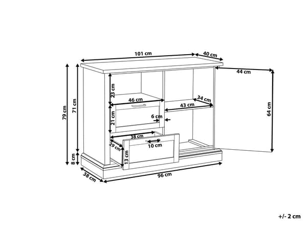 Skjenk Lyst tre 100 x 40 x 79 cm 1 skap 2 skuffer Rustikk stil Oppbevaring Kommode
