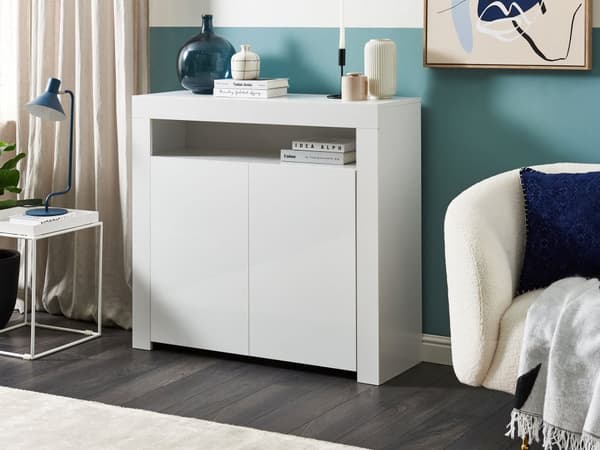 Sidobord med 2 Dörrar Vit MDF Spånskiva 4 Hyllor med LED-ljus Matt Förvaring Byrå