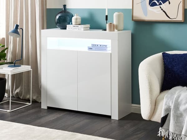 Sidobord med 2 Dörrar Vit MDF Spånskiva 4 Hyllor med LED-ljus Matt Förvaring Byrå