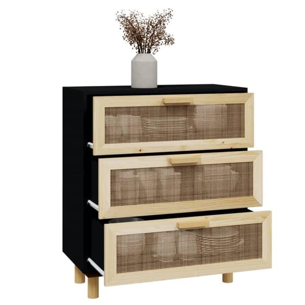 vidaXL Senkki musta 60x30x70 cm täysi mänty ja luonnonrottinki