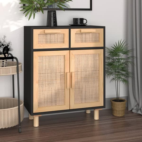 vidaXL skænk 60x30x75 cm massivt fyrretræ og naturlig rattan sort