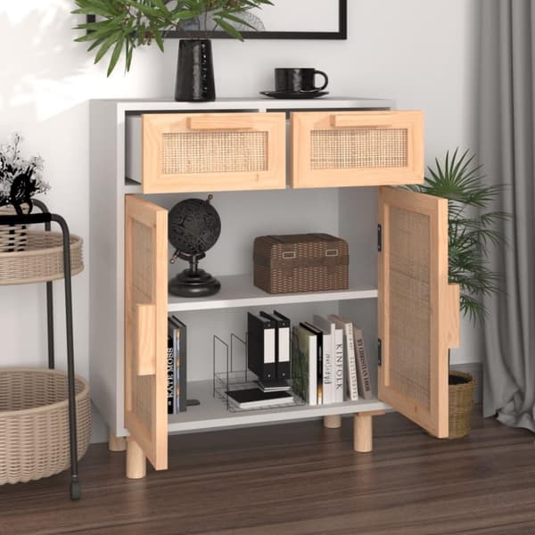 vidaXL skænk 60x30x75 cm massivt fyrretræ og naturlig rattan hvid