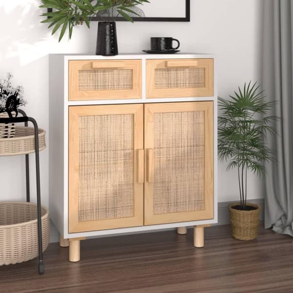 vidaXL skænk 60x30x75 cm massivt fyrretræ og naturlig rattan hvid