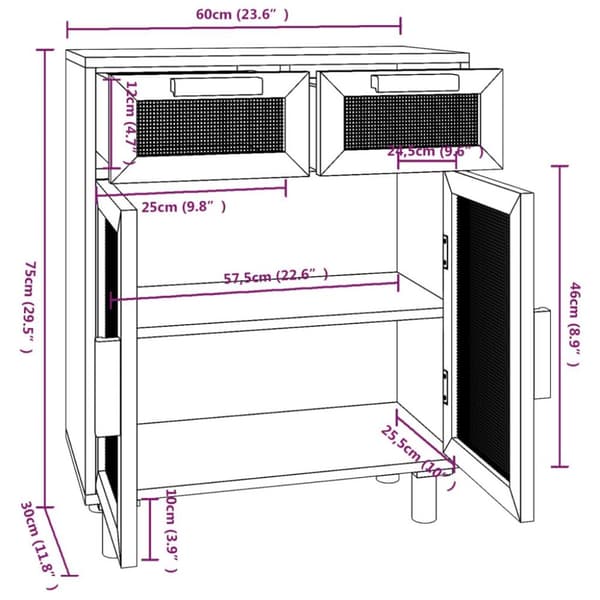 vidaXL Senkki ruskea 60x30x75 cm täysi mänty ja luonnonrottinki