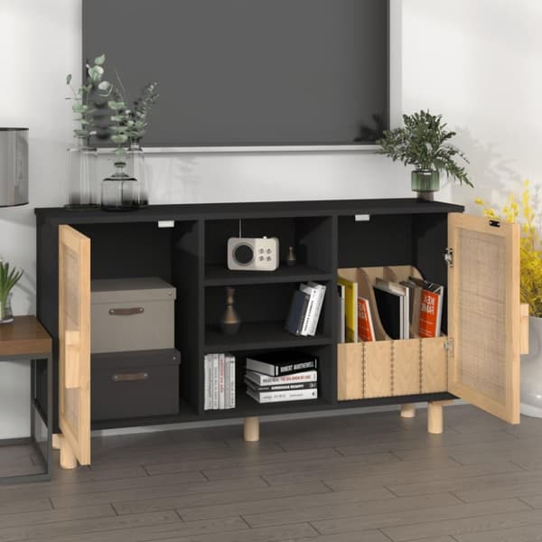 vidaXL Senkki musta 105x30x60 cm täysi mänty ja luonnonrottinki
