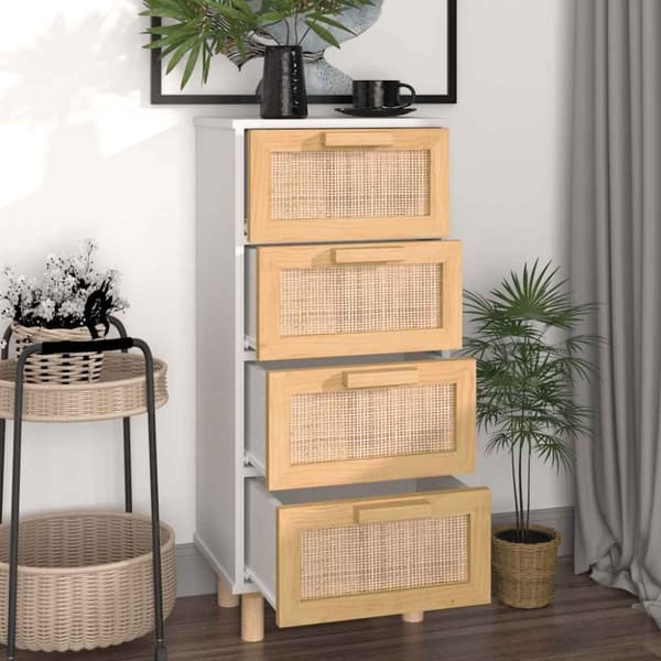 vidaXL skænk 40x30x90 cm massivt fyrretræ og naturlig rattan hvid