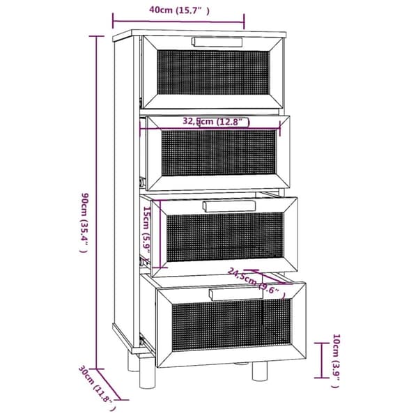 vidaXL skænk 40x30x90 cm massivt fyrretræ og naturlig rattan hvid
