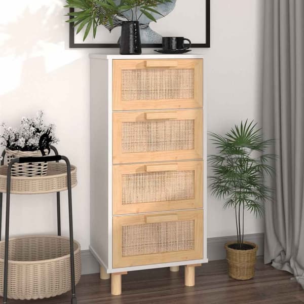 vidaXL skænk 40x30x90 cm massivt fyrretræ og naturlig rattan hvid