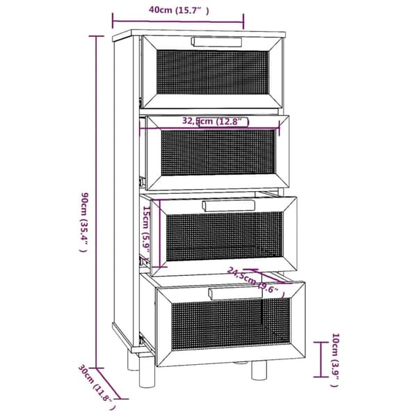 vidaXL skænk 40x30x90 cm massivt fyrretræ og naturlig rattan sort