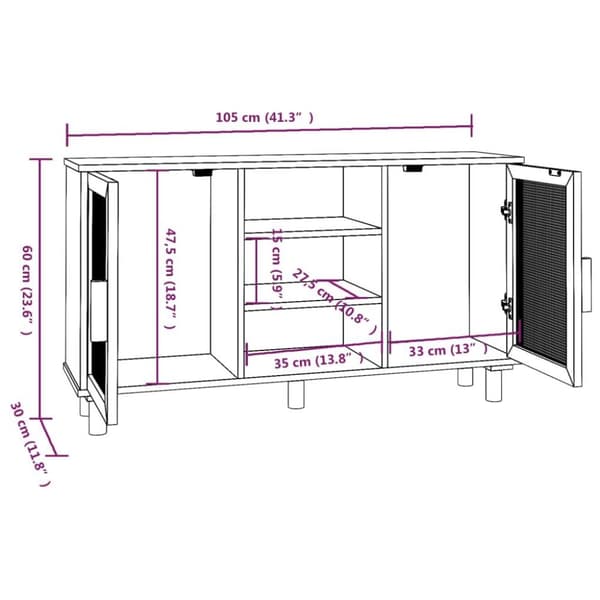 vidaXL Senkki ruskea 105x30x60 cm täysi mänty ja luonnonrottinki