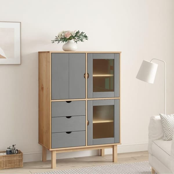 vidaXL højskab OTTA 85x43x125 cm massivt fyrretræ brun og grå