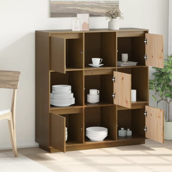 vidaXL højskab 110,5x35x117 cm massivt fyrretræ gyldenbrun
