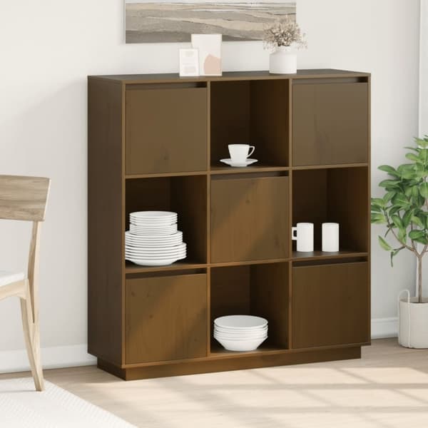 vidaXL højskab 110,5x35x117 cm massivt fyrretræ gyldenbrun