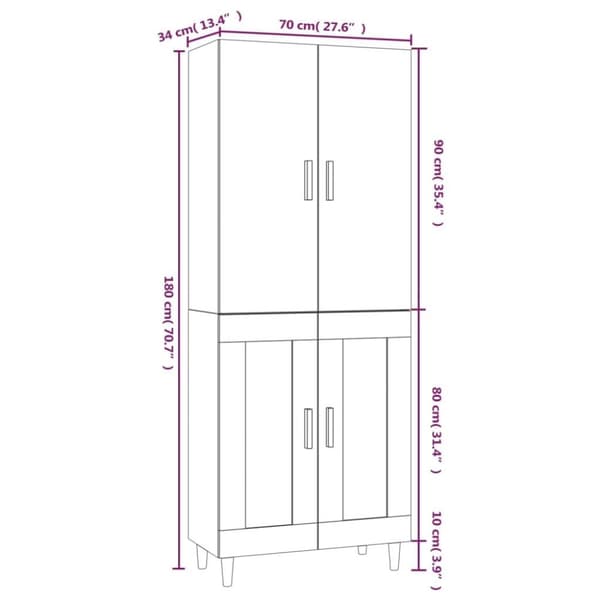 vidaXL Highboard hvit 70x34x180 cm konstruert tre