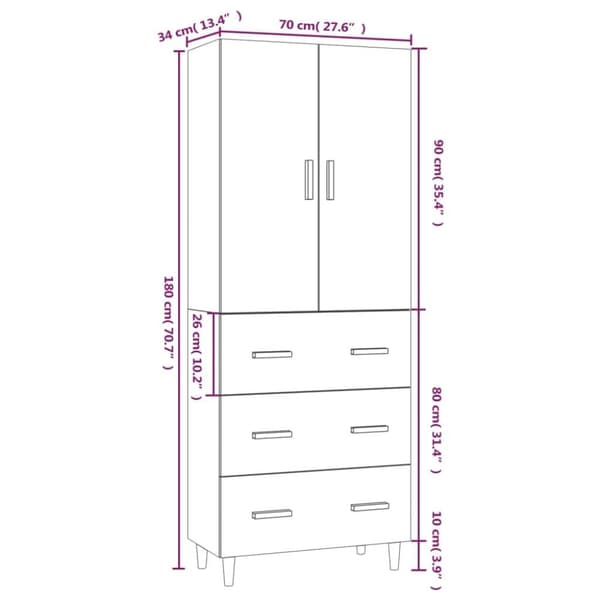 vidaXL Highboard hvit 70x34x180 cm konstruert tre